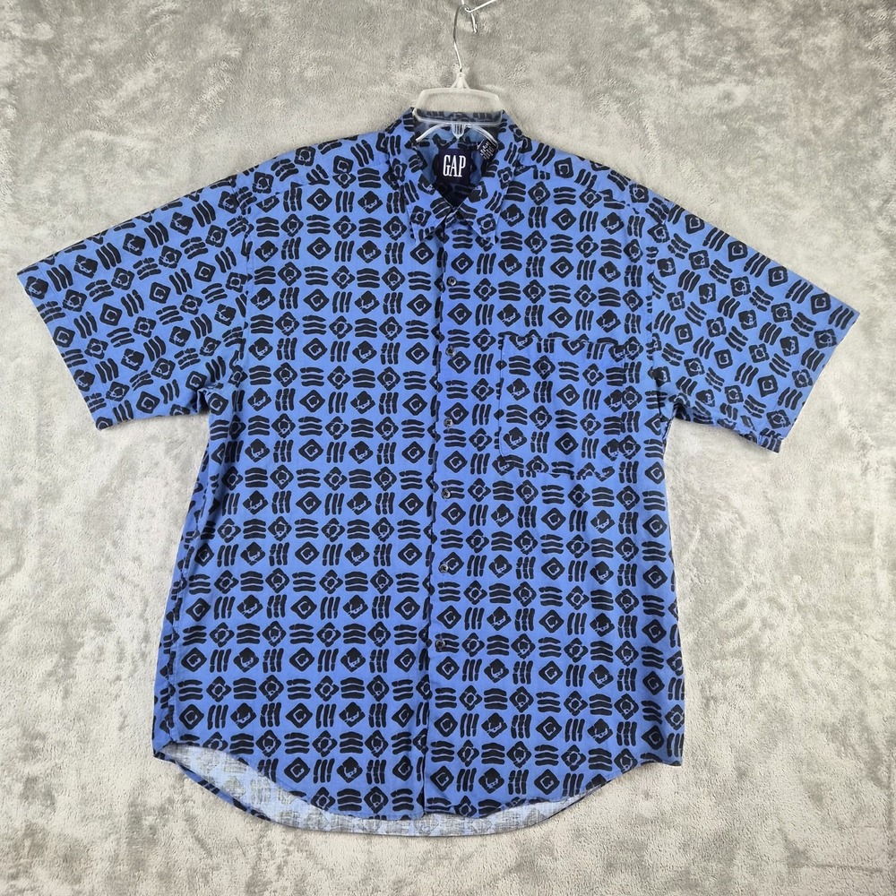 Vintage Gap Shirt Mens Large Blue Black Retro Tribal Geometric 90s Short Sleeve